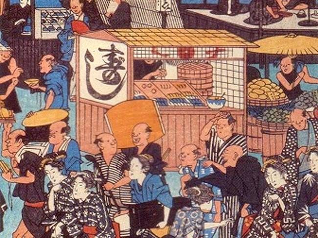 Edo period Japanese print showing the history of sushi