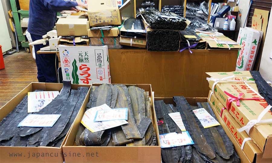 dried kombu in a market in Japan