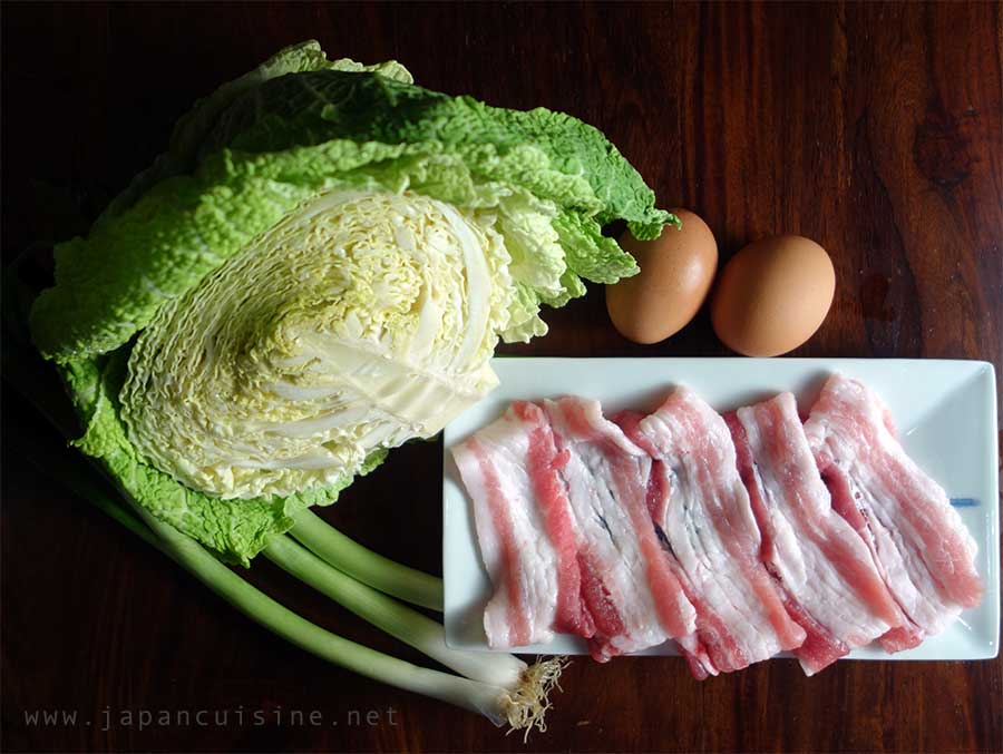 cabbage, spring onions, eggs, bacon: the ingredients for okonomiyaki